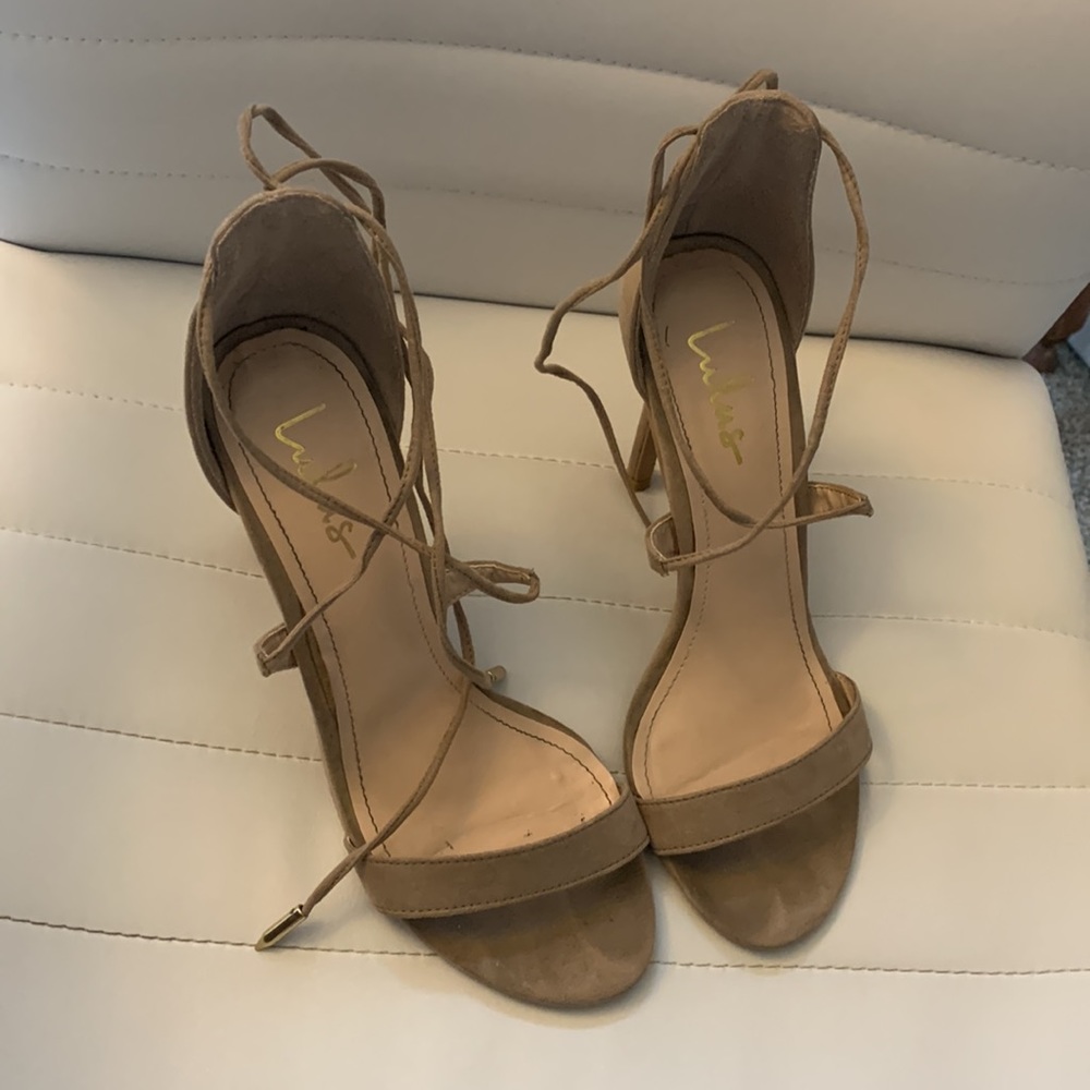 Taupe lace up ankle heels